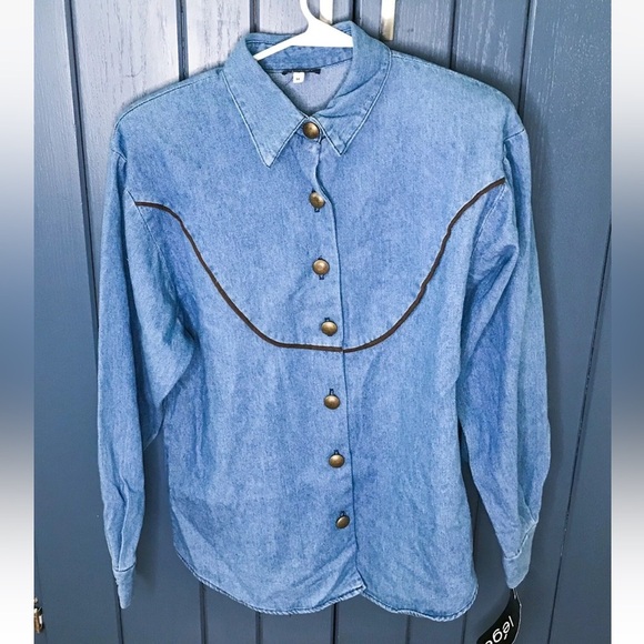 Vintage Denim Button Down Shirt S M Rockabilly Country Western Coastal Cowgirl - Picture 1 of 5